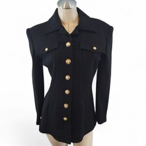 George Simonton Size 4 Black Blazer Gold Accents Military Inspired Merino Wool